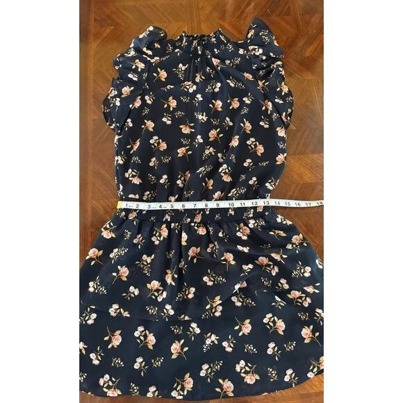 1.STATE Navy Floral Ruffle Mini Dress XS Smocked Waist Layered Hem - Picture 6 of 13